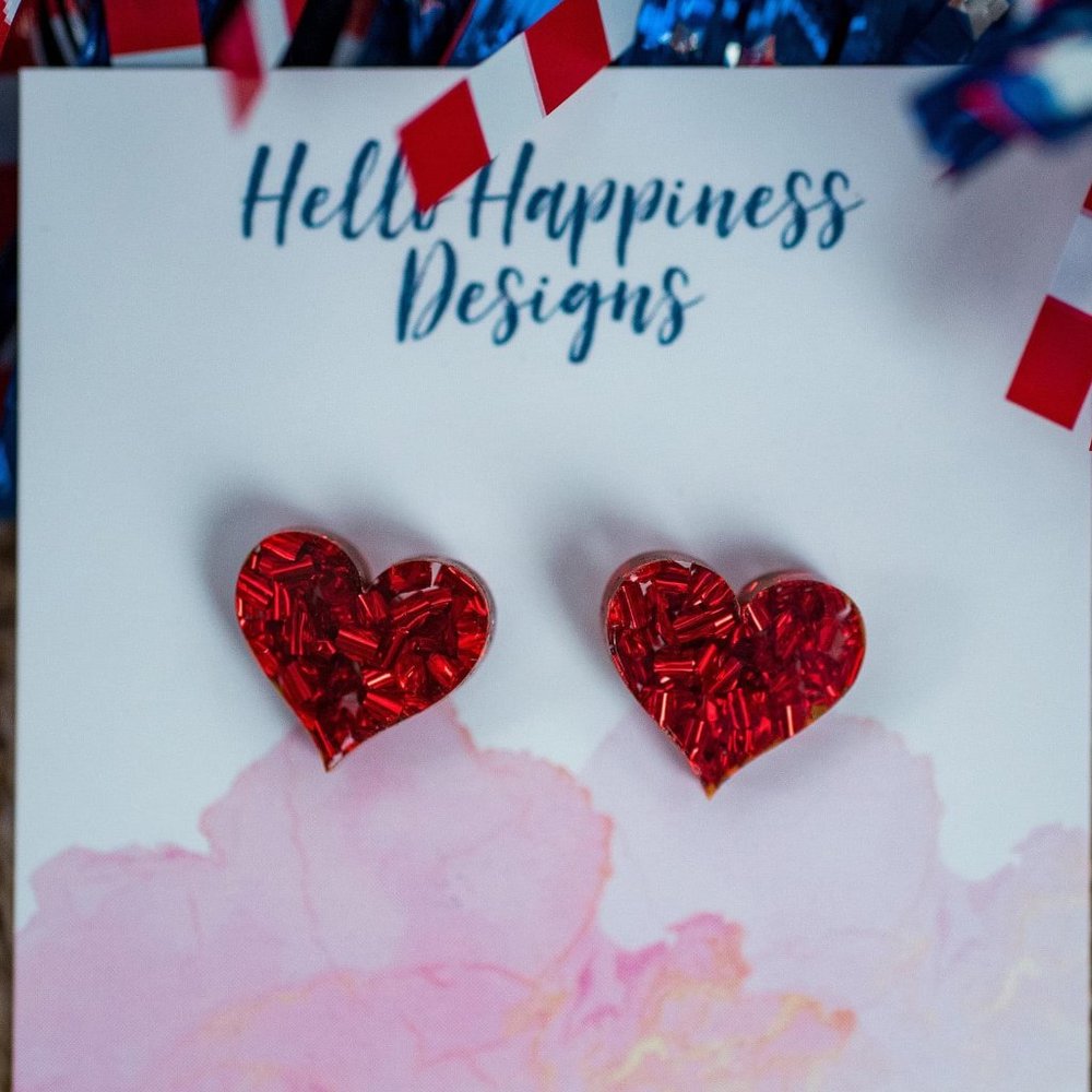 Handmade stud red  sparkle hearts